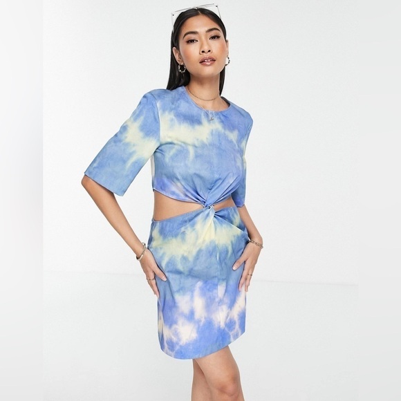 & Other Stories Cut-Out Waist Cotton Mini Dress Blue‎ Tie-Dye 10 - Picture 5 of 8